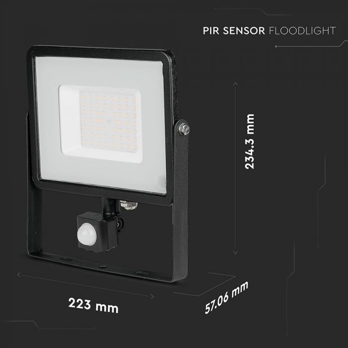 V-TAC 50w LED SMD PIR Sensor Floodlight Samsung Chip Black Body