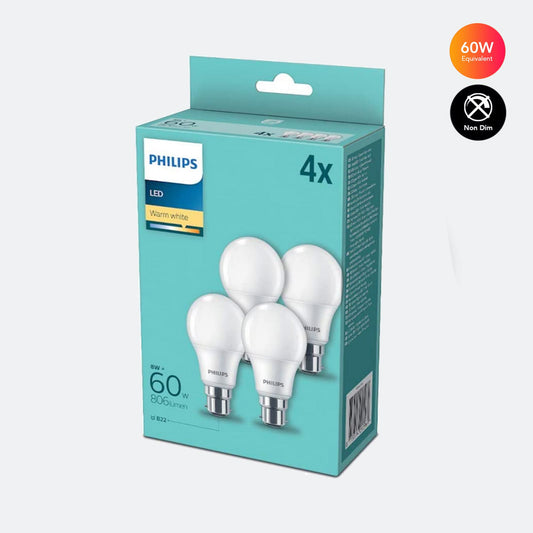 Philips 8W - 60W LED GLS A60 Warm White 2700K (4 Pack) Non Dim